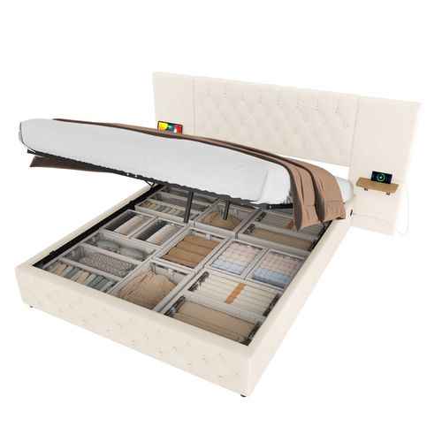 Lit Double 160x200cm LED-usb Tête De Lit Large Relevage Hydraulique Rangement Sous Lit Beige