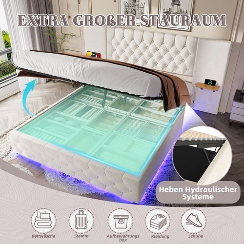 Lit Double 160x200cm LED-usb Tête De Lit Large Relevage Hydraulique Rangement Sous Lit Beige