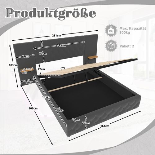Lit Double 160x200cm LED-usb Tête De Lit Large Relevage Hydraulique Rangement Sous Lit Gris