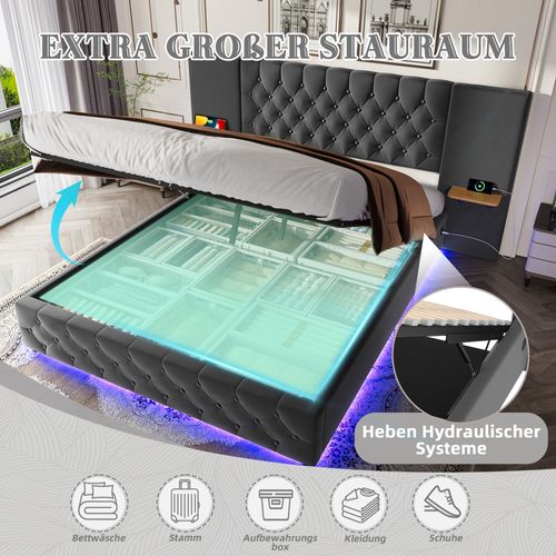 Lit Double 160x200cm LED-usb Tête De Lit Large Relevage Hydraulique Rangement Sous Lit Gris