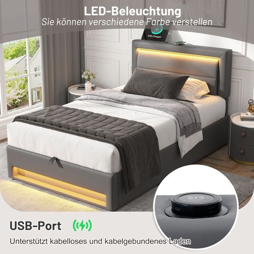 Lit Simple 90x190cm LED-usb Tête Lit Réglable Relevage Hydraulique Rangement Sous Lit Cuir Gris