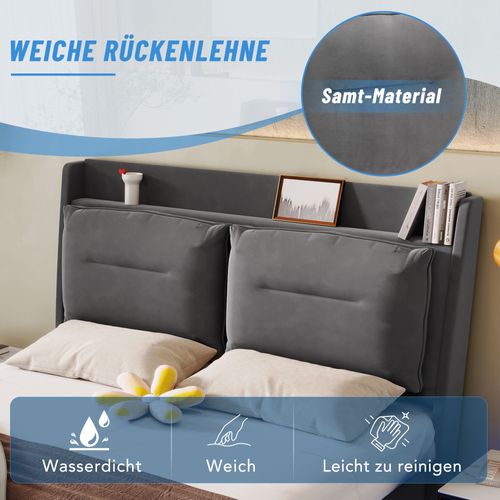 Lit Rembourré 160x200cm LED 1 Tiroir Tête De Lit Sommier à Lattes Relevage Hydraulique Velours Gris