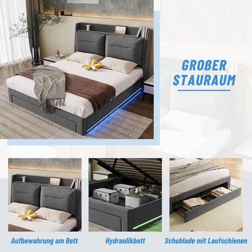 Lit Rembourré 180x200cm LED 1 Tiroir Tête De Lit Sommier à Lattes Relevage Hydraulique Velours Gris