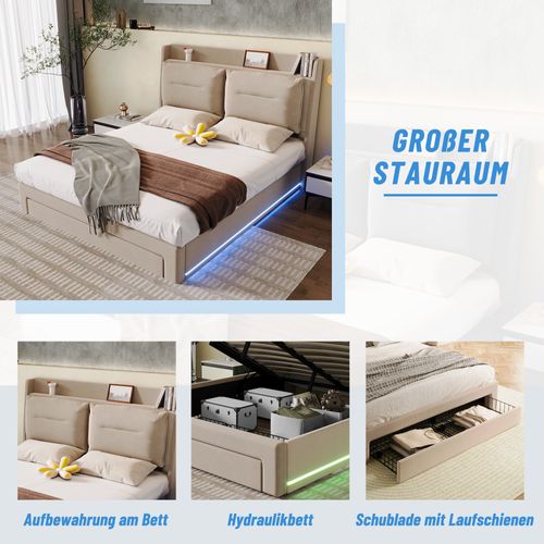 Lit Rembourré140x200cm LED 1 Tiroir Tête Lit Sommier à Lattes Relevage Hydraulique Velours Beige