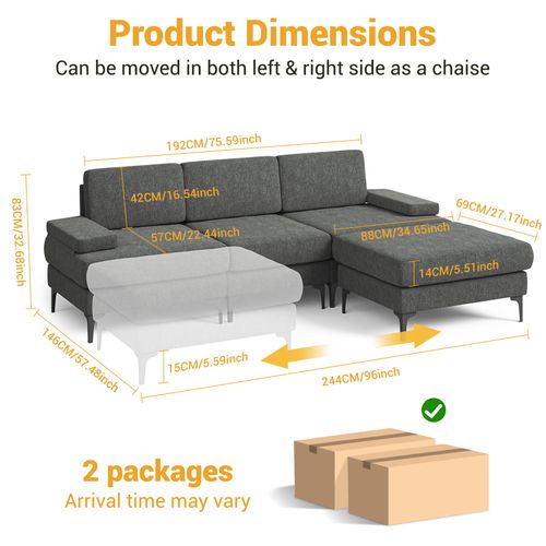 Canapé D'angle 3 Places En Chenille Avec Repose-pieds,244 X 146 X 83cm,gris