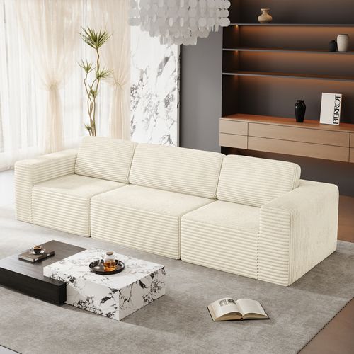 Canapé Modulaire Compressé 3 Places Velours Côtelé,sans Assemblage,beige