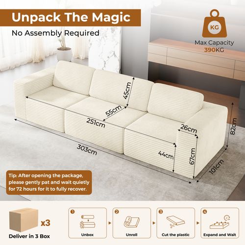 Canapé Modulaire Compressé 3 Places Velours Côtelé,sans Assemblage,beige