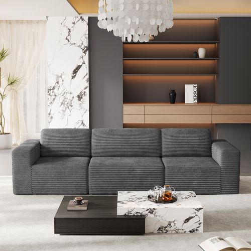 Canapé Modulaire Compressé 3 Places Velours Côtelé, Gris