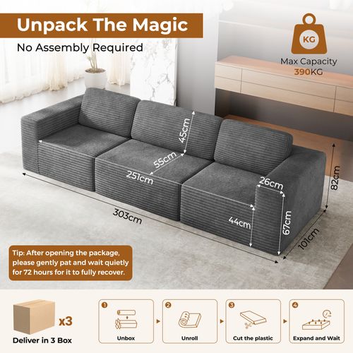 Canapé Modulaire Compressé 3 Places Velours Côtelé, Gris