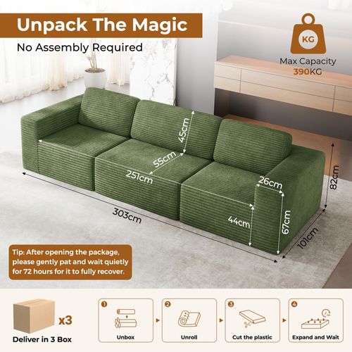 Canapé Modulaire Compressé 3 Places Velours Côtelé,sans Assemblage,vert