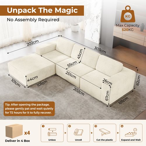 Canapé D'angle Modulaire 3 Places Velours Côtelé, Beige