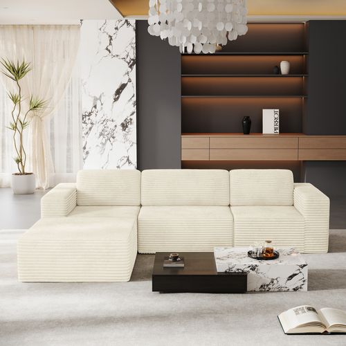 Canapé D'angle Modulaire 3 Places Velours Côtelé, Beige