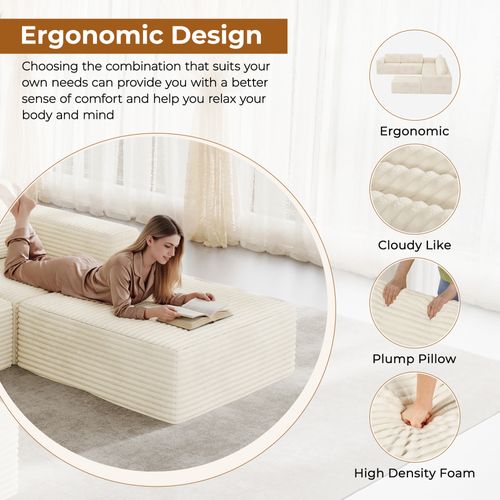 Canapé D'angle Modulaire 3 Places Velours Côtelé, Beige