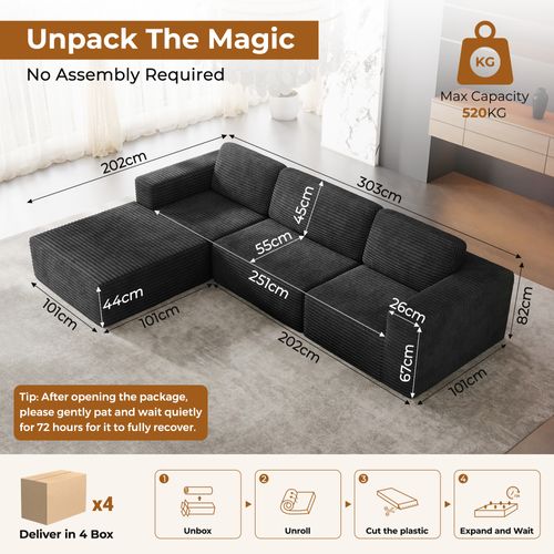 Canapé D'angle Modulaire 3 Places Velours Côtelé,1 Pouf,noir