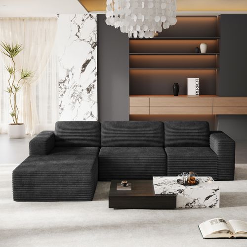 Canapé D'angle Modulaire 3 Places Velours Côtelé,1 Pouf,noir