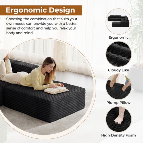 Canapé D'angle Modulaire 3 Places Velours Côtelé,1 Pouf,noir