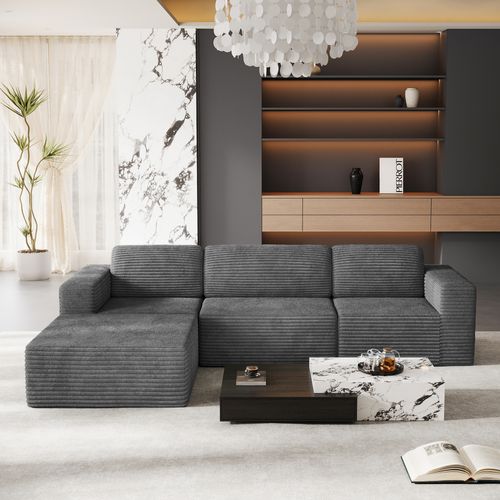 Canapé D'angle Modulaire 3 Places Velours Côtelé,1 Pouf,gris