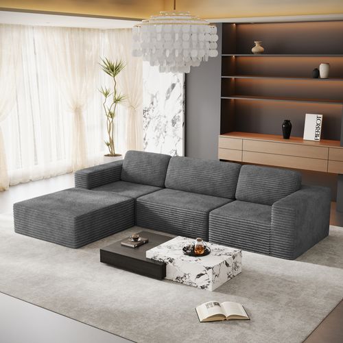 Canapé D'angle Modulaire 3 Places Velours Côtelé,1 Pouf,gris