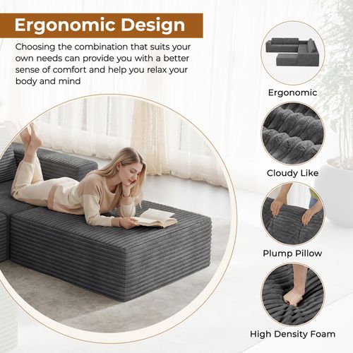 Canapé D'angle Modulaire 3 Places Velours Côtelé,1 Pouf,gris