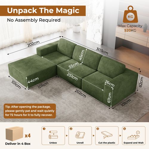 Canapé D'angle Modulaire 3 Places Velours Côtelé,1 Pouf,vert