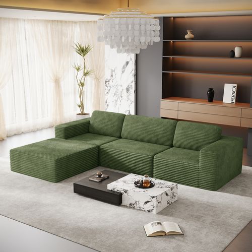 Canapé D'angle Modulaire 3 Places Velours Côtelé,1 Pouf,vert