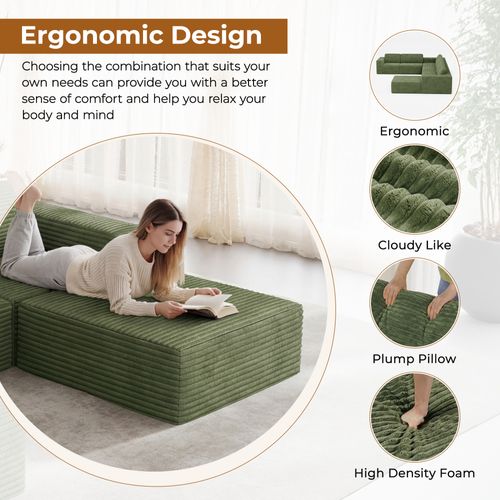 Canapé D'angle Modulaire 3 Places Velours Côtelé,1 Pouf,vert