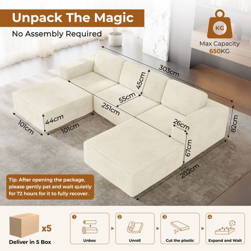 Canapé Modulaire 3 Places Compressé En U,velours Côtelé,beige