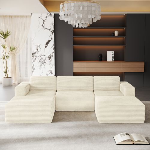 Canapé Modulaire 3 Places Compressé En U,velours Côtelé,beige