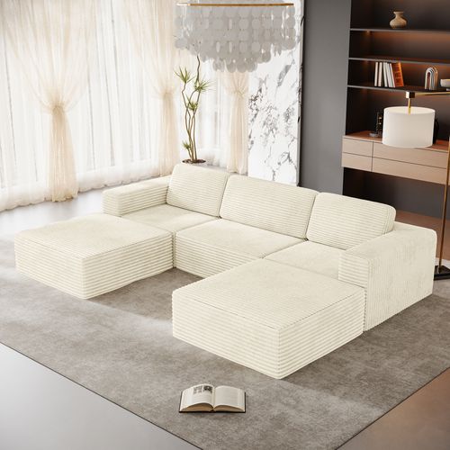 Canapé Modulaire 3 Places Compressé En U,velours Côtelé,beige