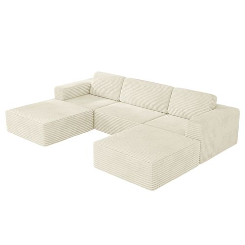Canapé Modulaire 3 Places Compressé En U,velours Côtelé,beige