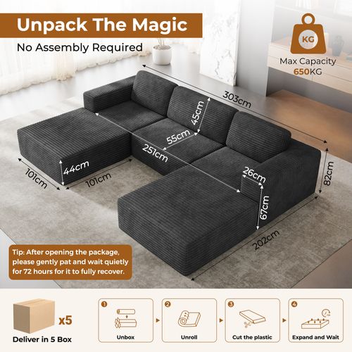 Canapé Modulaire 3 Places Compressé En U,velours Côtelé,noir