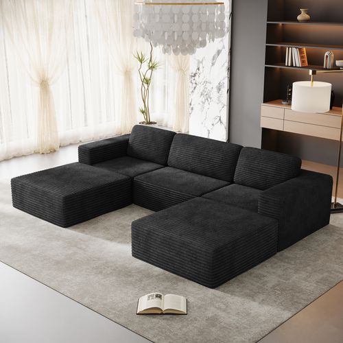Canapé Modulaire 3 Places Compressé En U,velours Côtelé,noir