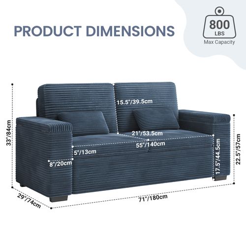 Canapé 2 Places En Velours Côtelé 180 Cm Avec Accoudoirs De Rangement -  Bleu Saphir