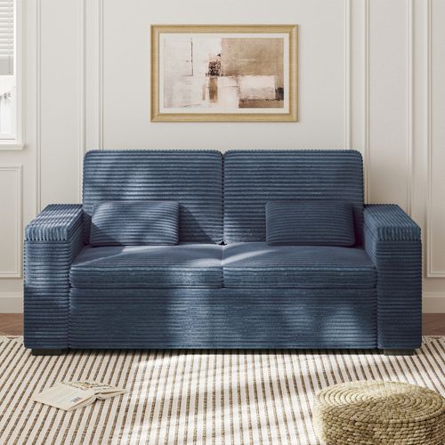 Canapé 2 Places En Velours Côtelé 180 Cm Avec Accoudoirs De Rangement -  Bleu Saphir