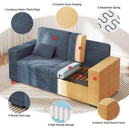 Canapé 2 Places En Velours Côtelé 180 Cm Avec Accoudoirs De Rangement -  Bleu Saphir