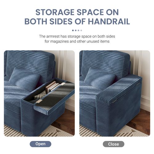 Canapé 2 Places En Velours Côtelé 180 Cm Avec Accoudoirs De Rangement -  Bleu Saphir