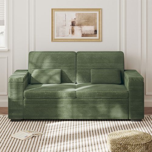 Canapé 2 Places En Velours Côtelé 180 Cm Avec Accoudoirs De Rangement - Vert Saphir