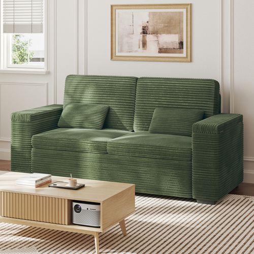 Canapé 2 Places En Velours Côtelé 180 Cm Avec Accoudoirs De Rangement - Vert Saphir