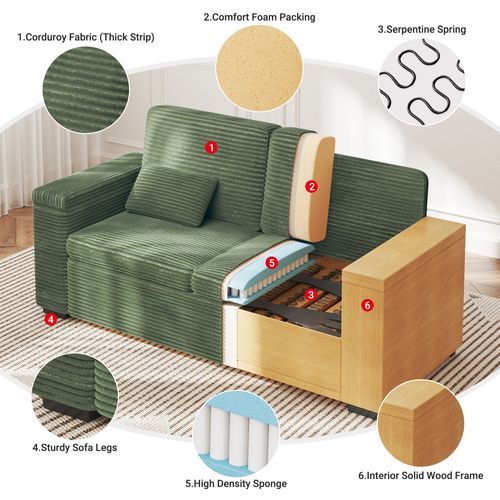 Canapé 2 Places En Velours Côtelé 180 Cm Avec Accoudoirs De Rangement - Vert Saphir