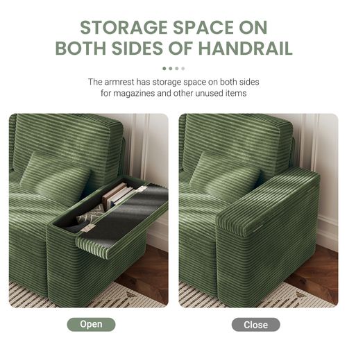 Canapé 2 Places En Velours Côtelé 180 Cm Avec Accoudoirs De Rangement - Vert Saphir