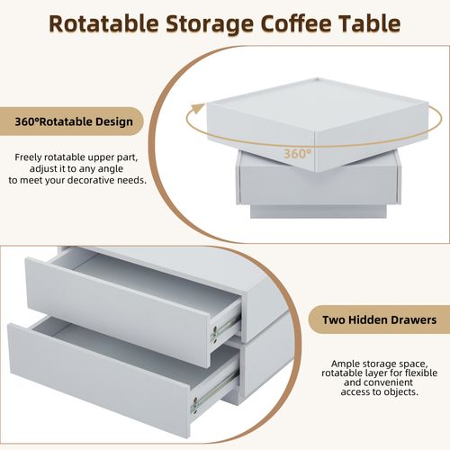 Table Basse Carrée 60 Cm Rotation à 360° - 2 Tiroirs - Blanc