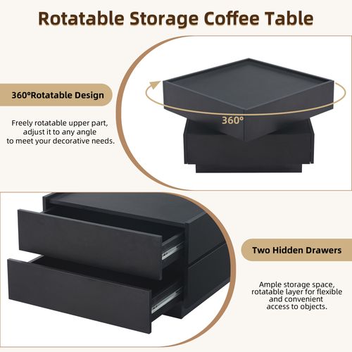 Table Basse Carrée 60 Cm Rotation à 360° - 2 Tiroirs - Noir