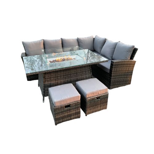 Salon De Jardin En Rotin Avec Canapé Table De Foyer à Gaz Tabourets Mélange Gris Foncé