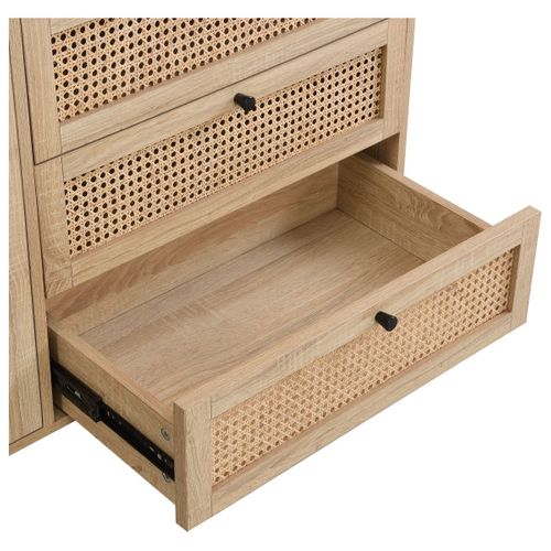 Buffet 2 Portes 3 Tiroirs En Cannage Naturel Et Effet Chêne 180 Cm - Iris