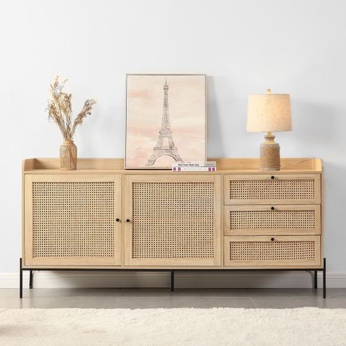 Buffet 2 Portes 3 Tiroirs En Cannage Naturel Et Effet Chêne 180 Cm - Iris
