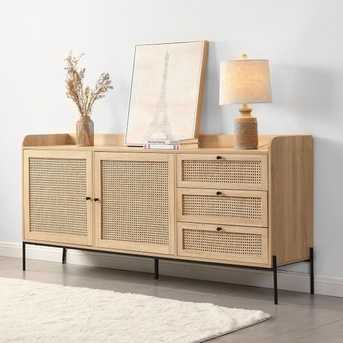 Buffet 2 Portes 3 Tiroirs En Cannage Naturel Et Effet Chêne 180 Cm - Iris