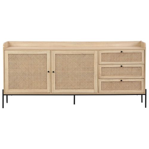 Buffet 2 Portes 3 Tiroirs En Cannage Naturel Et Effet Chêne 180 Cm - Iris