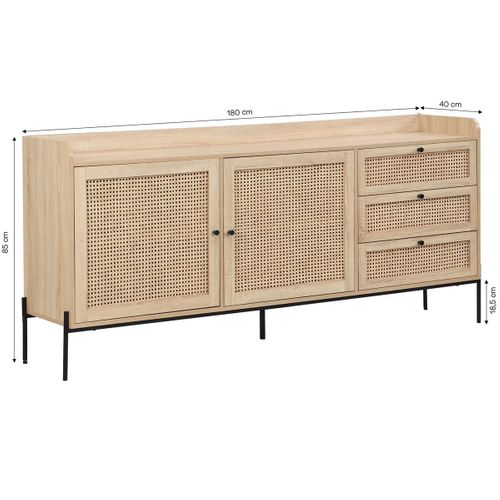 Buffet 2 Portes 3 Tiroirs En Cannage Naturel Et Effet Chêne 180 Cm - Iris