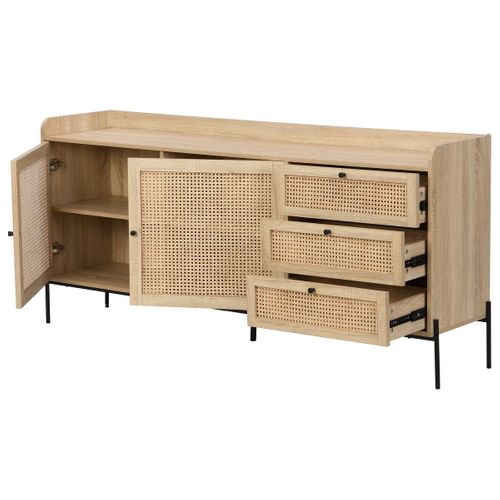 Buffet 2 Portes 3 Tiroirs En Cannage Naturel Et Effet Chêne 180 Cm - Iris