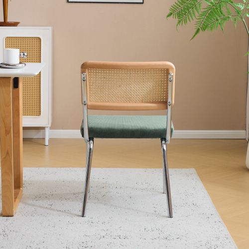 Lot De 2 Chaises En Métal Chromé, Cannage Naturel Et Velours Côtelé Vert - Paula